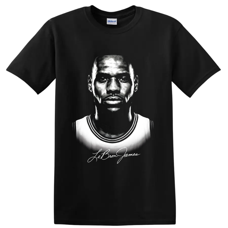 LeBron James black-and-white basketball portrait with signature-style script on a Black T Shirt