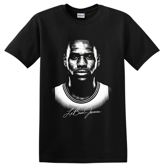 LeBron James black-and-white basketball portrait with signature-style script on a Black T Shirt