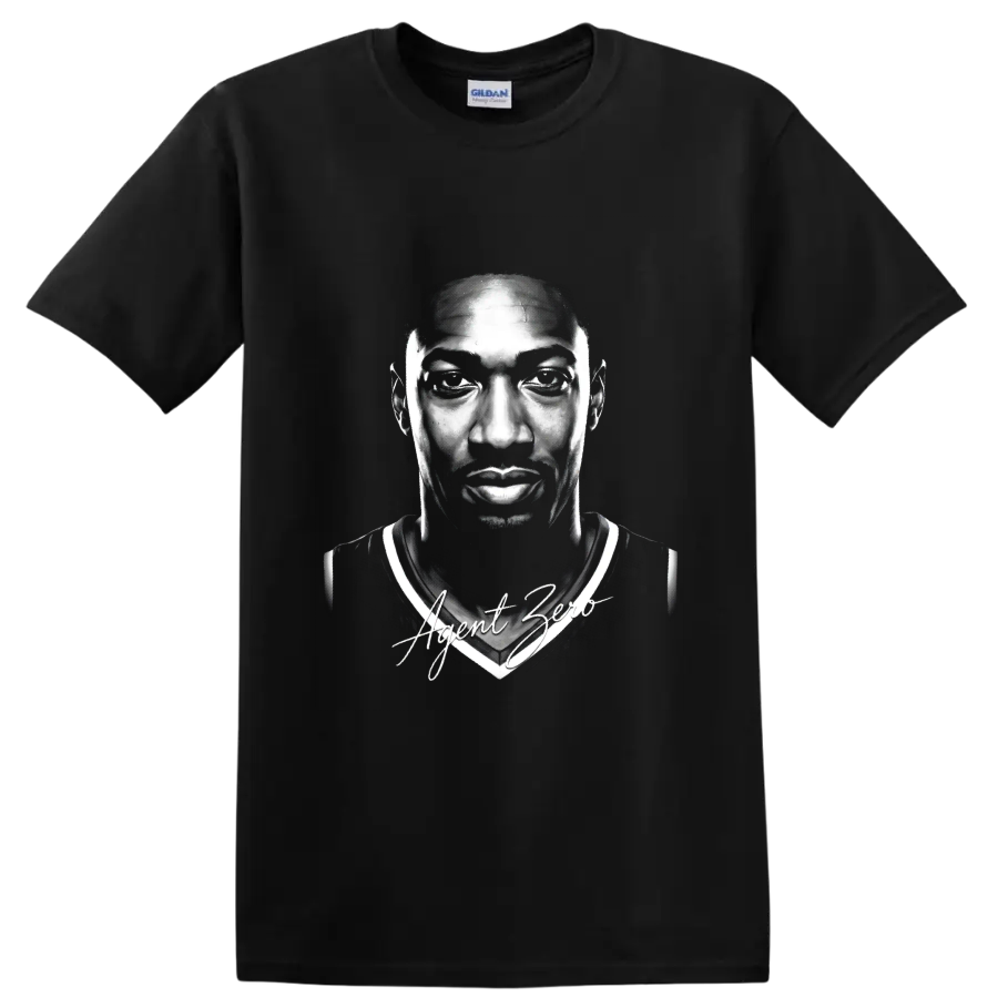Gilbert Arenas Washington Wizards No. 0 monochrome portrait with Agent Zero script on a Black T Shirt