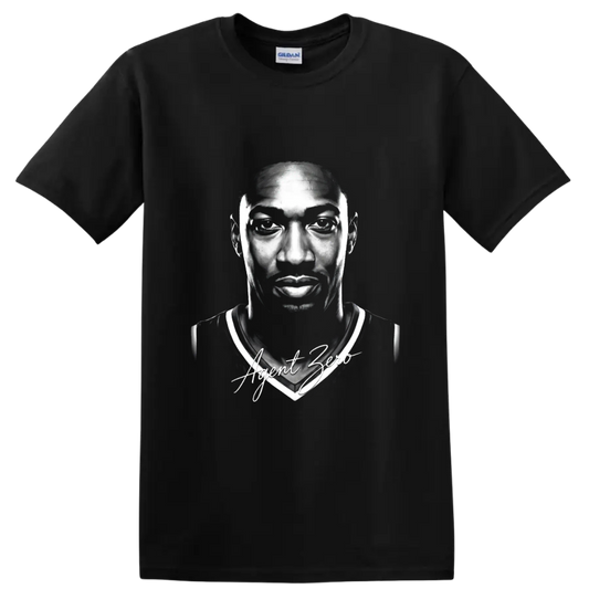 Gilbert Arenas Washington Wizards No. 0 monochrome portrait with Agent Zero script on a Black T Shirt