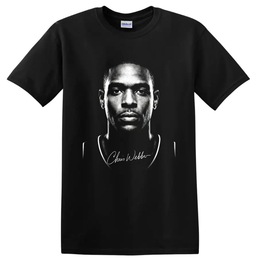 Black-and-white Chris Webber basketball portrait with signature script on a Black T Shirt