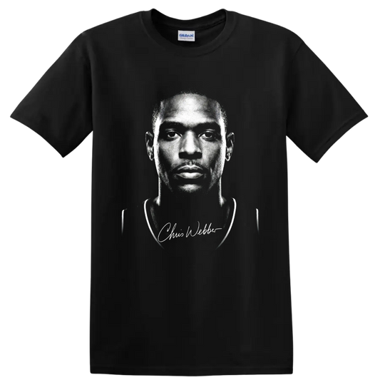 Black-and-white Chris Webber basketball portrait with signature script on a Black T Shirt