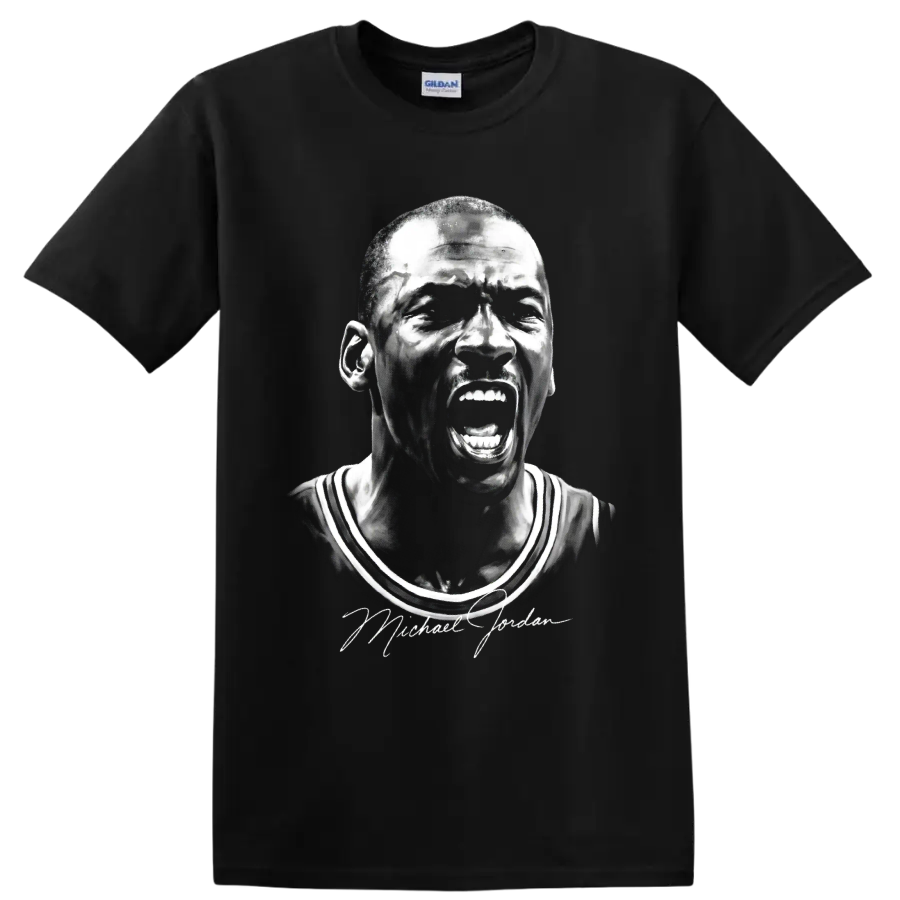 Michael Jordan Chicago Bulls #23 shouting portrait in dramatic black-and-white sketch on a Black T Shirt