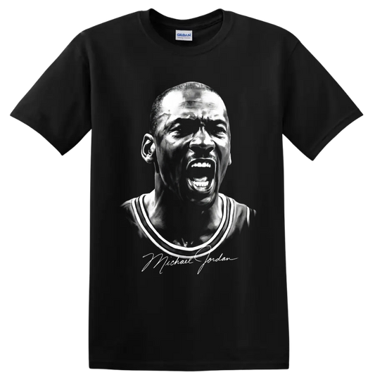 Michael Jordan Chicago Bulls #23 shouting portrait in dramatic black-and-white sketch on a Black T Shirt