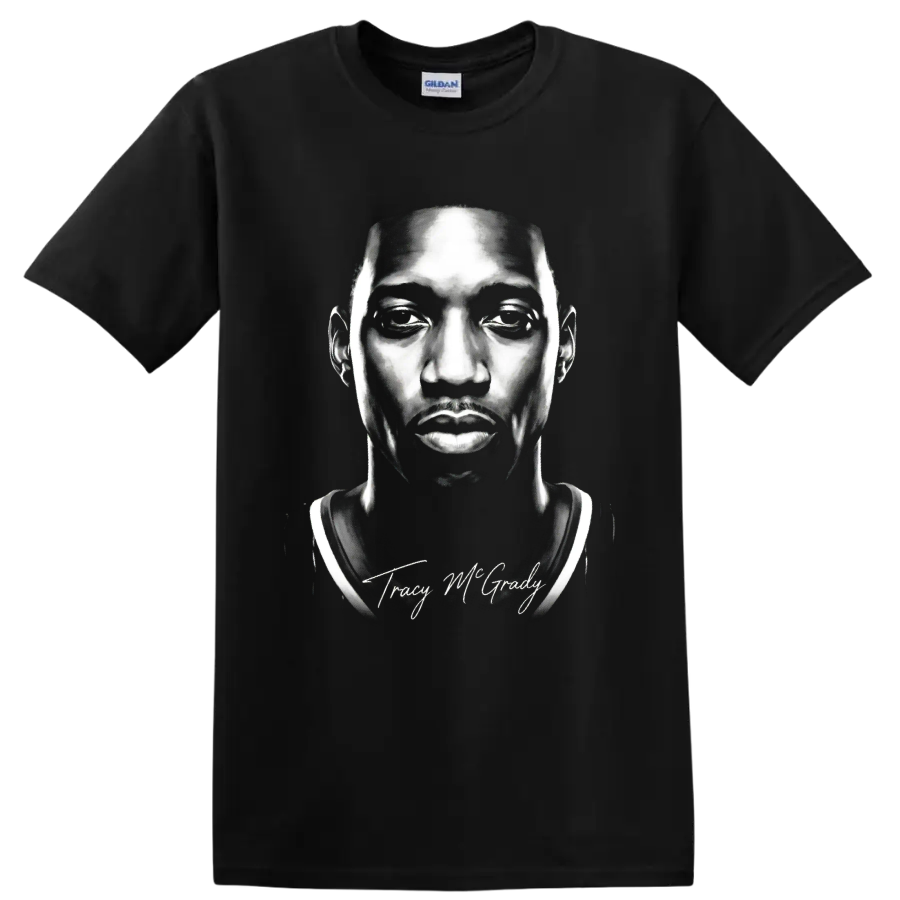 Tracy McGrady black-and-white basketball portrait with signature-style script on a Black T Shirt