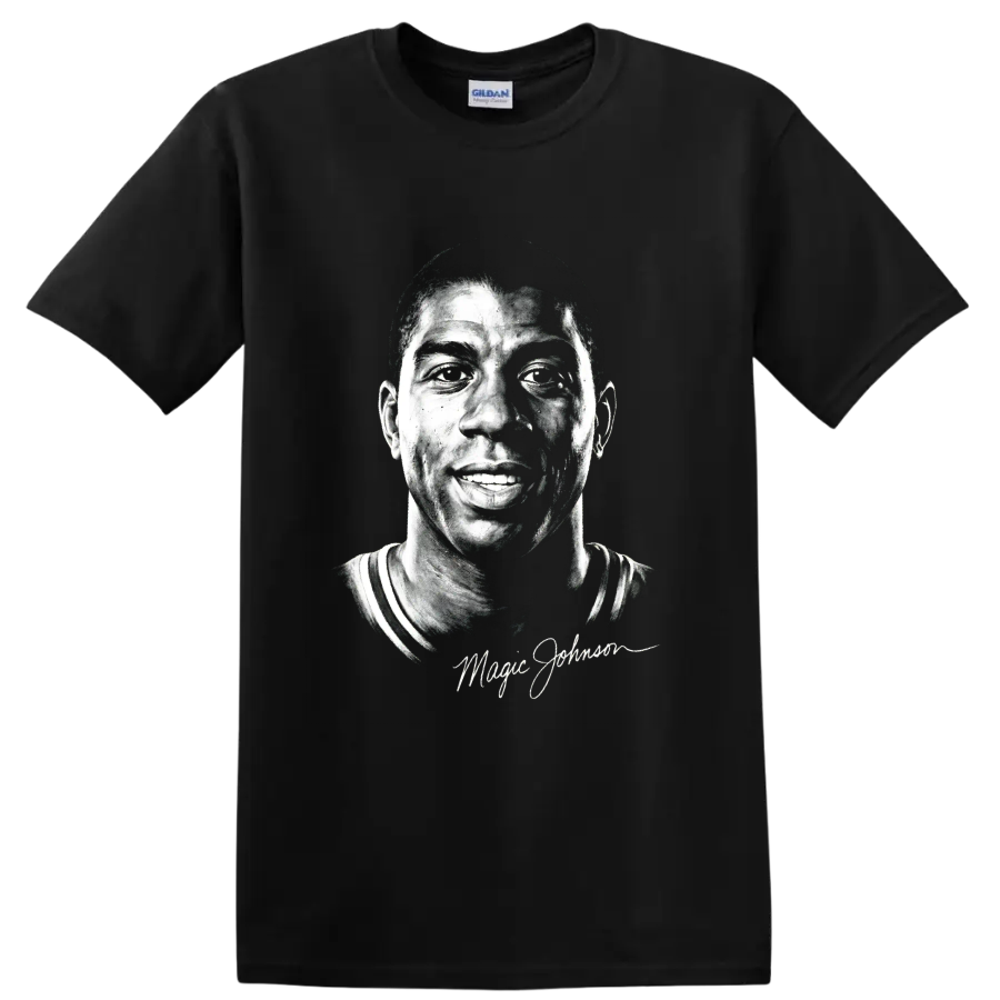 Magic Johnson black-and-white portrait with signature-style script on a Black T Shirt