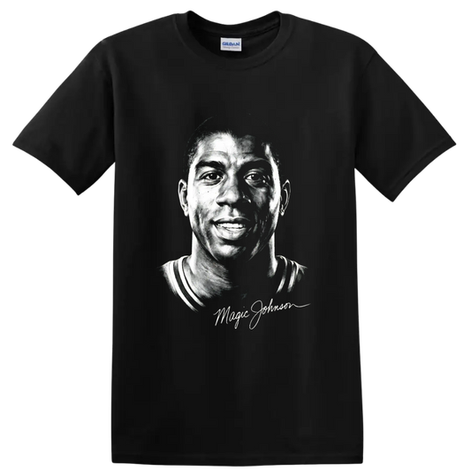 Magic Johnson black-and-white portrait with signature-style script on a Black T Shirt