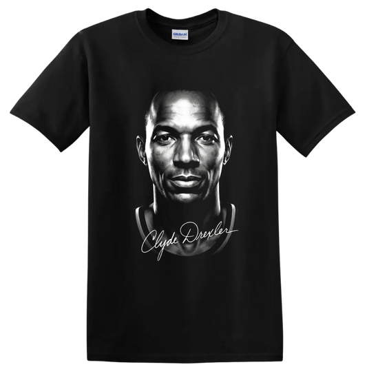 Monochrome Clyde Drexler basketball portrait with Clyde Drexler signature script on a Black T Shirt