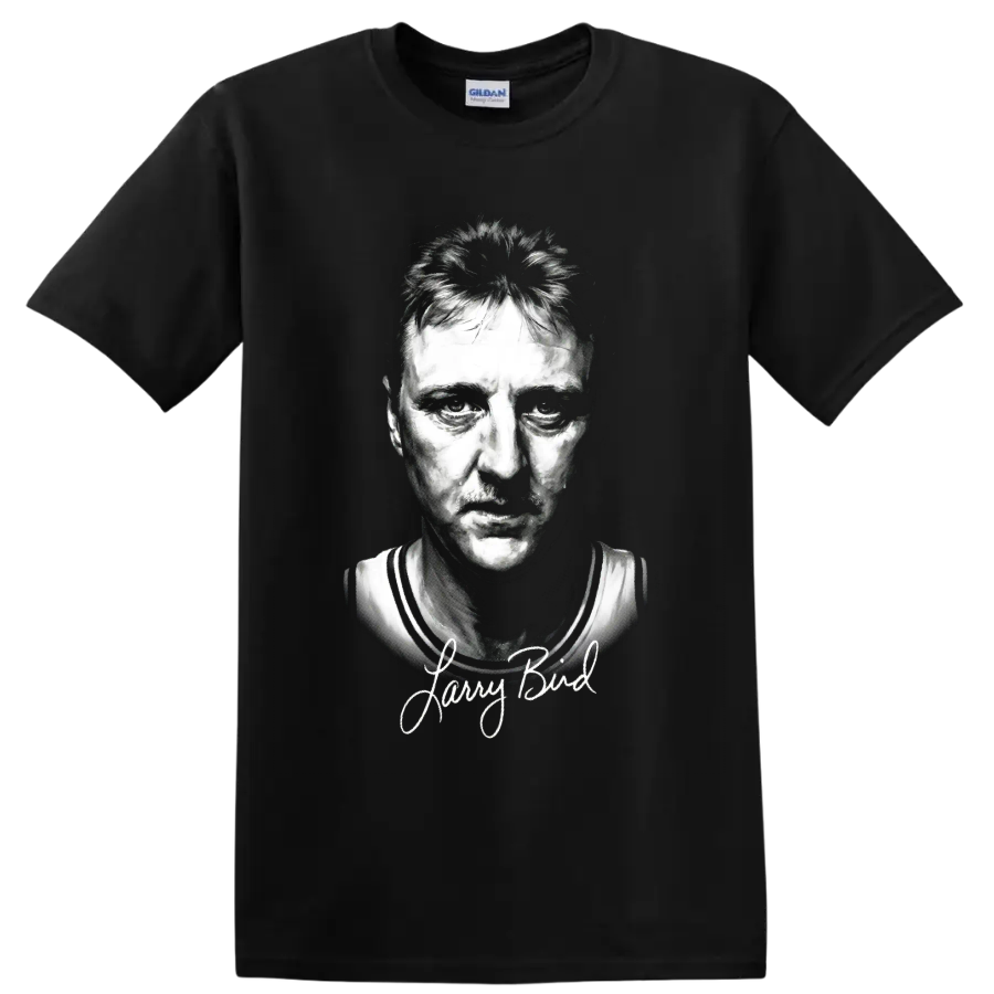 Larry Bird black-and-white basketball portrait with signature-style lettering on a Black T Shirt