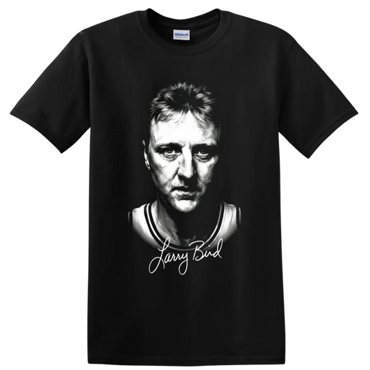 Larry Bird black-and-white basketball portrait with signature-style lettering on a Black T Shirt