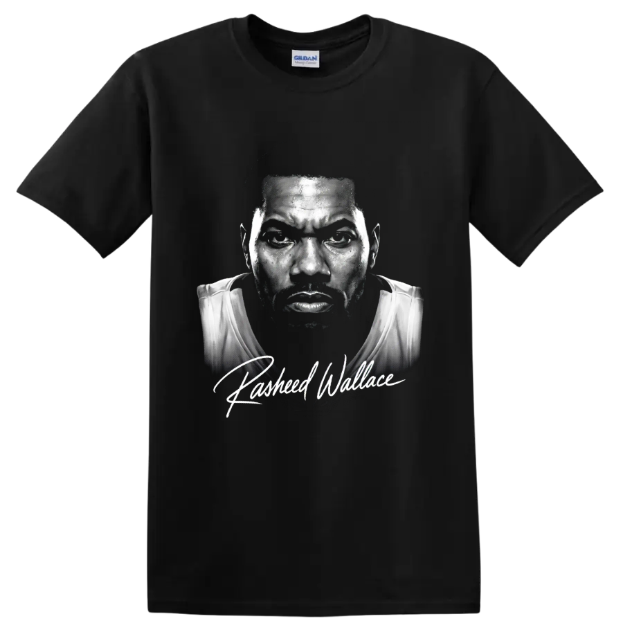 Rasheed Wallace black-and-white basketball portrait with signature-style lettering on a Black T Shirt