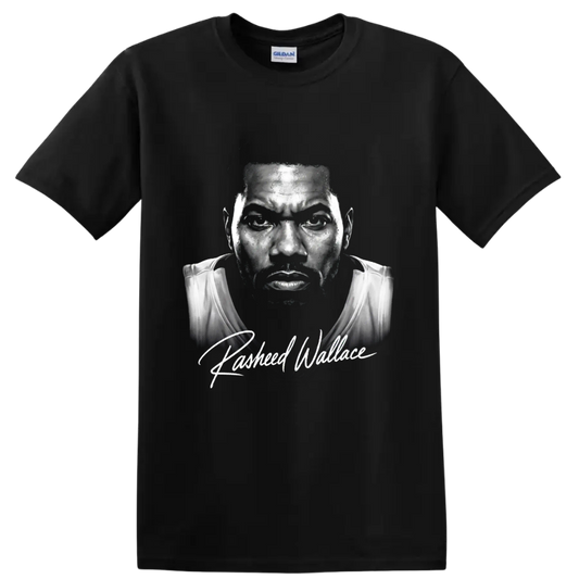Rasheed Wallace black-and-white basketball portrait with signature-style lettering on a Black T Shirt