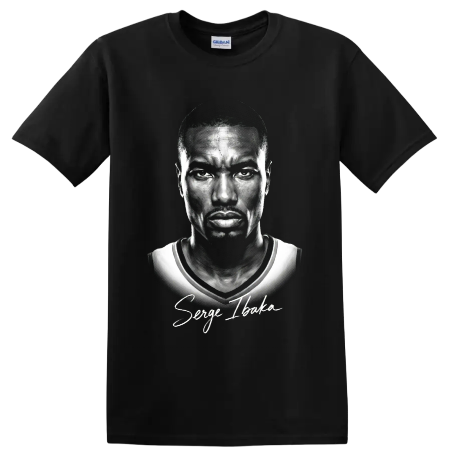 Monochrome Serge Ibaka Oklahoma City Thunder #9 portrait with signature script on a Black T Shirt