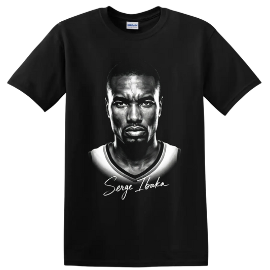 Monochrome Serge Ibaka Oklahoma City Thunder #9 portrait with signature script on a Black T Shirt