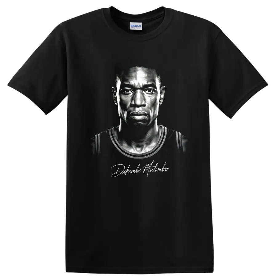 Dikembe Mutombo black-and-white illustrated basketball portrait with signature detail on a Black T Shirt