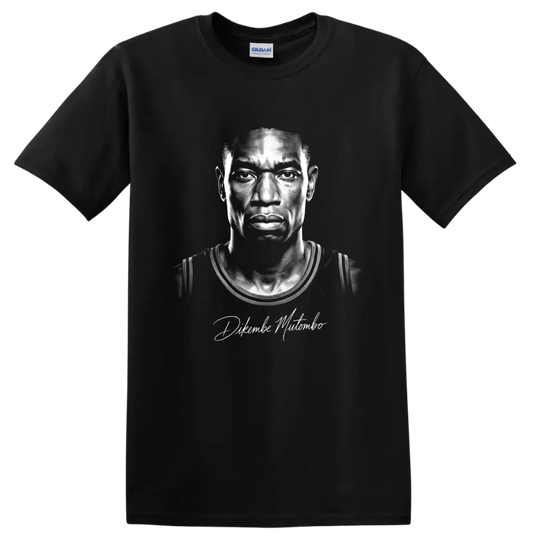 Dikembe Mutombo black-and-white illustrated basketball portrait with signature detail on a Black T Shirt