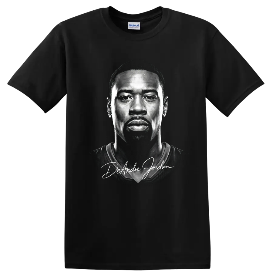 Monochrome DeAndre Jordan portrait with signature-style name lettering on a Black T Shirt