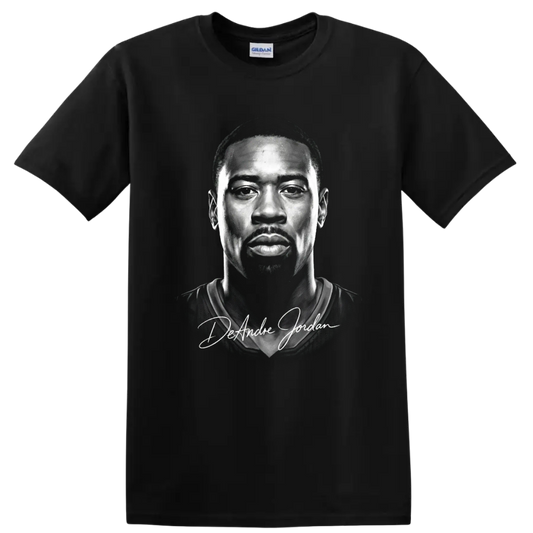 Monochrome DeAndre Jordan portrait with signature-style name lettering on a Black T Shirt