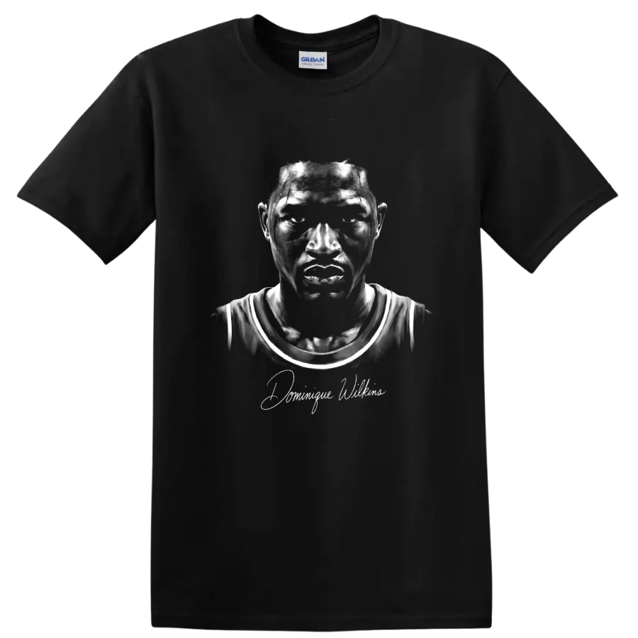 Monochrome Dominique Wilkins Atlanta Hawks #21 basketball portrait with signature on a Black T Shirt