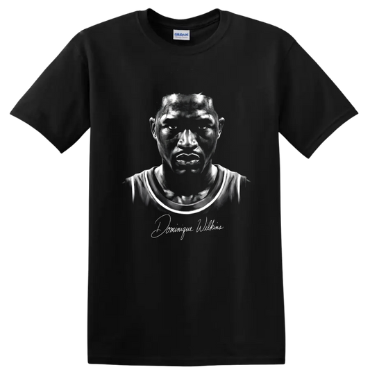 Monochrome Dominique Wilkins Atlanta Hawks #21 basketball portrait with signature on a Black T Shirt