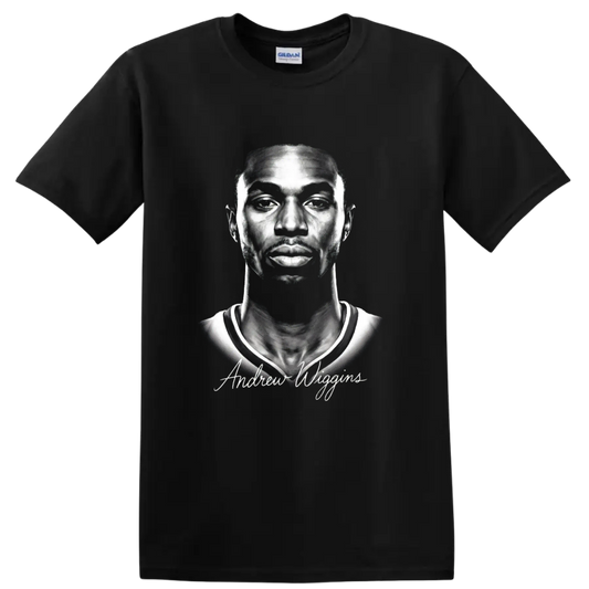 Andrew Wiggins monochrome basketball portrait with signature-style lettering on a Black T Shirt