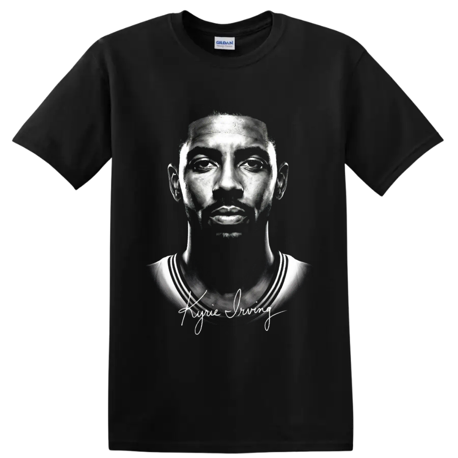Kyrie Irving Cleveland Cavaliers #2 monochrome portrait with signature-style lettering on a Black T Shirt