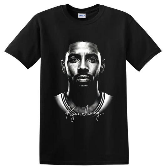 Kyrie Irving Cleveland Cavaliers #2 monochrome portrait with signature-style lettering on a Black T Shirt