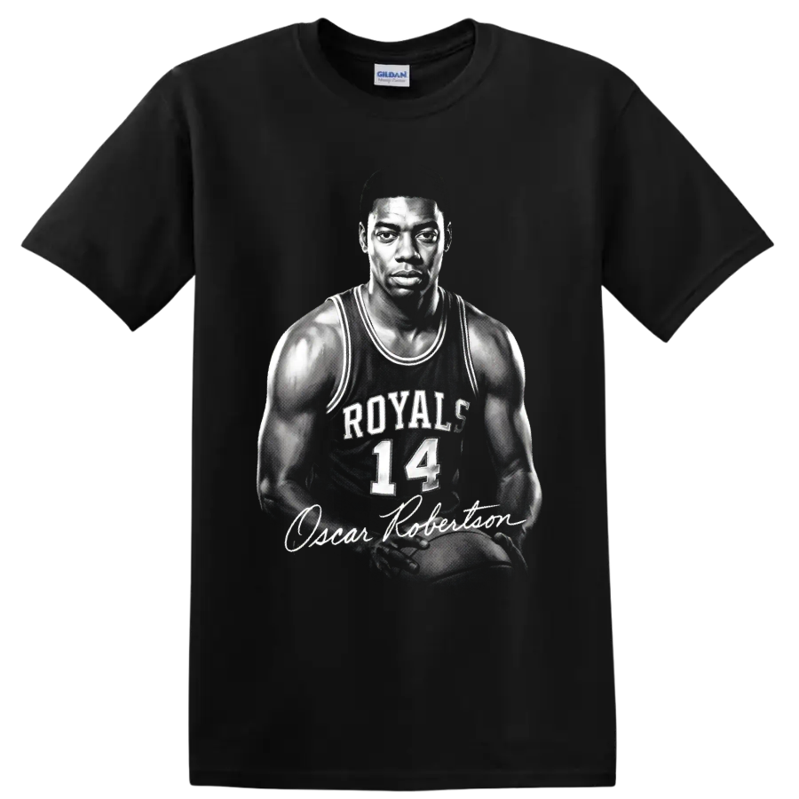 Oscar Robertson Cincinnati Royals No. 14 monochrome basketball portrait with signature on a Black T Shirt