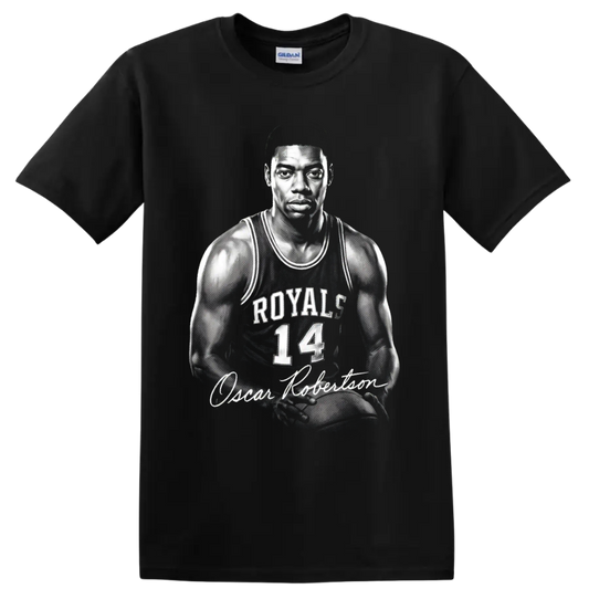 Oscar Robertson Cincinnati Royals No. 14 monochrome basketball portrait with signature on a Black T Shirt