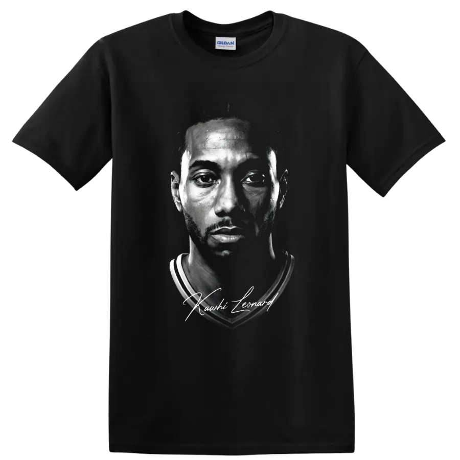 Kawhi Leonard black-and-white basketball portrait with signature-style lettering on a Black T Shirt