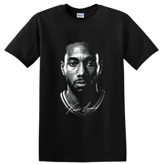 Kawhi Leonard black-and-white basketball portrait with signature-style lettering on a Black T Shirt