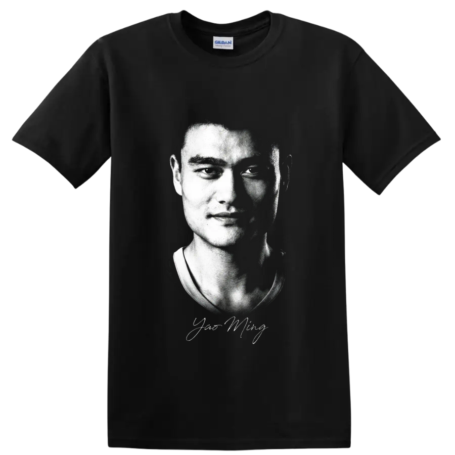 Yao Ming black-and-white halftone portrait with signature-style detail on a Black T Shirt