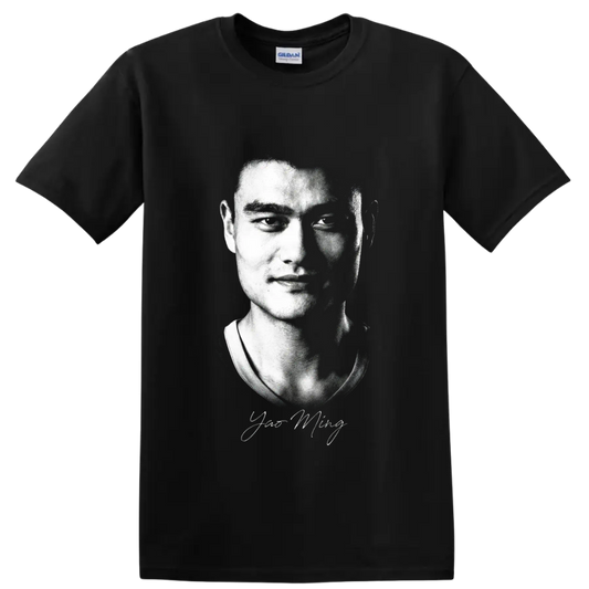Yao Ming black-and-white halftone portrait with signature-style detail on a Black T Shirt