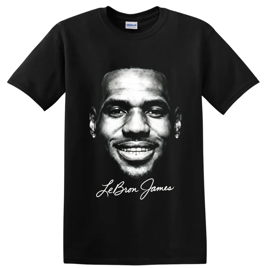 Monochrome LeBron James portrait with signature-style name lettering on a Black T Shirt