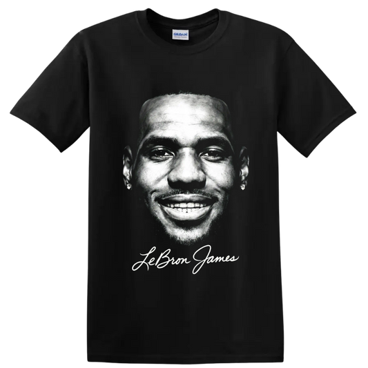 Monochrome LeBron James portrait with signature-style name lettering on a Black T Shirt