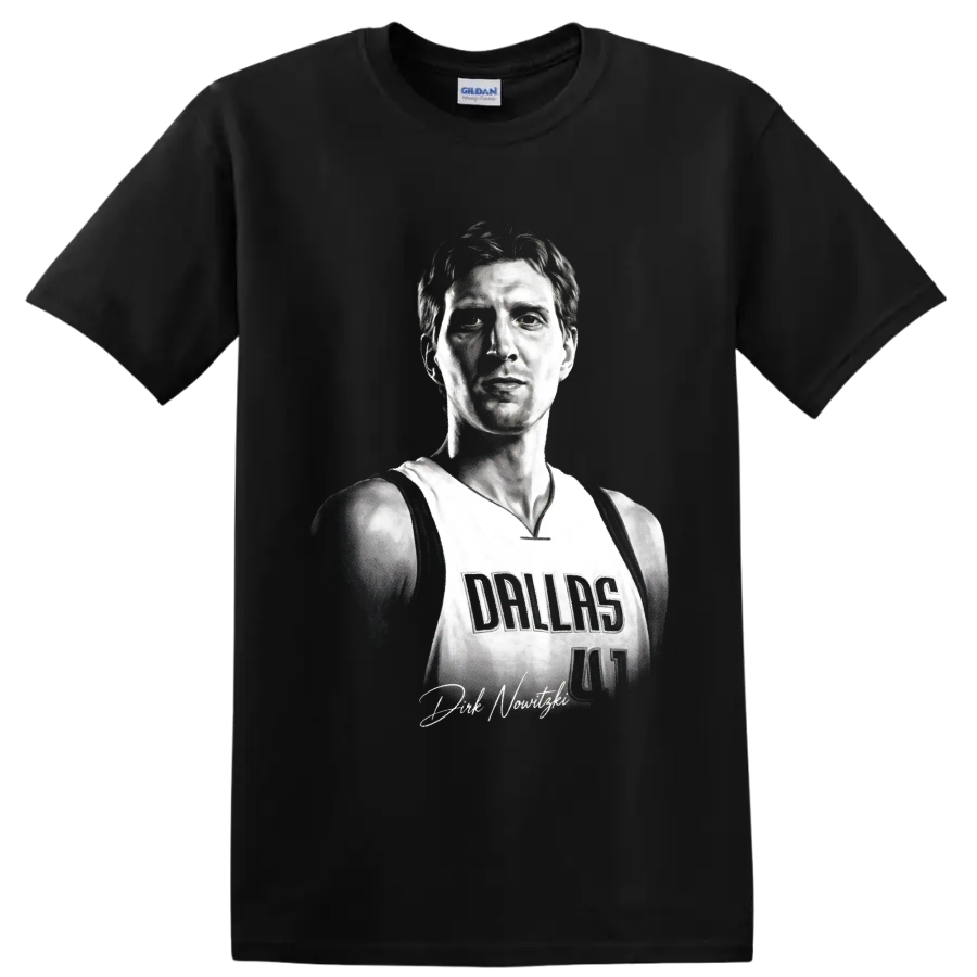 Black-and-white Dirk Nowitzki Dallas Mavericks number 41 portrait with signature detail on a Black T Shirt