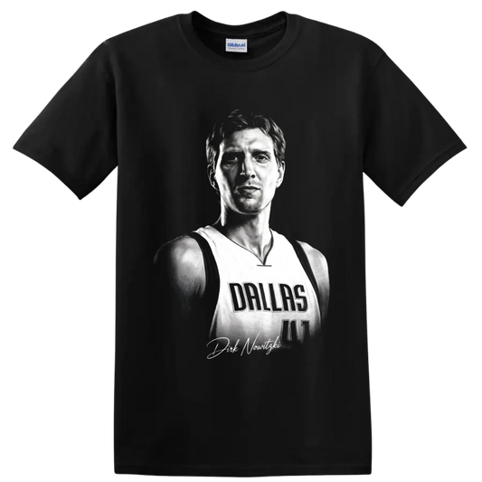 Black-and-white Dirk Nowitzki Dallas Mavericks number 41 portrait with signature detail on a Black T Shirt