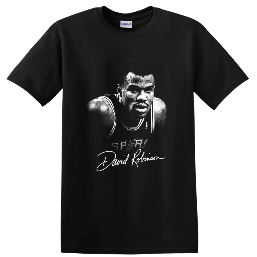 Gritty black-and-white David Robinson Spurs Number 50 basketball portrait with signature on a Black T Shirt