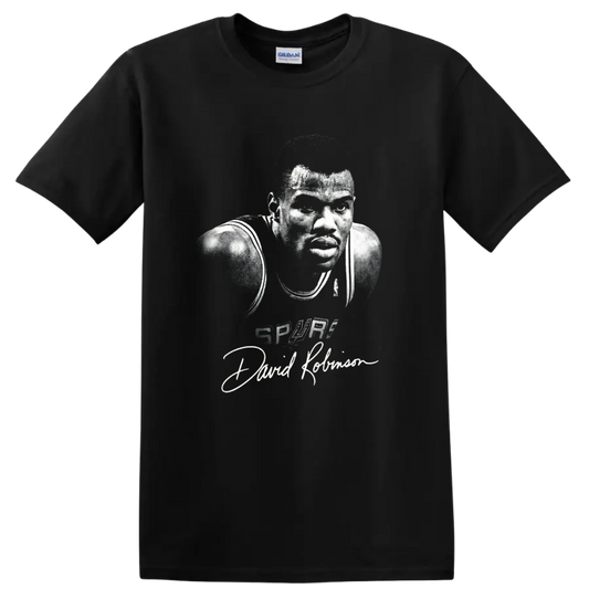 Gritty black-and-white David Robinson Spurs Number 50 basketball portrait with signature on a Black T Shirt