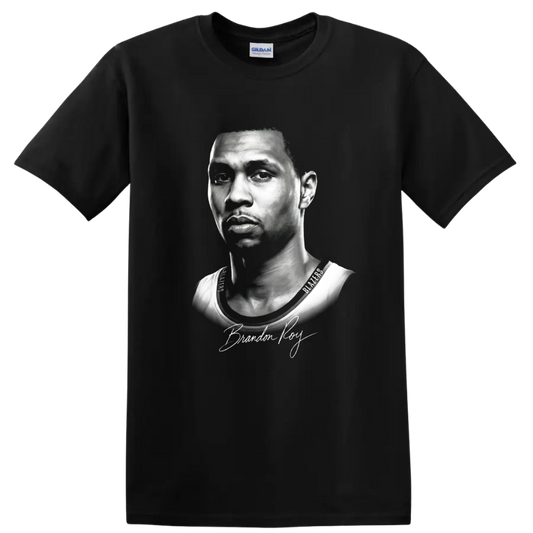 Brandon Roy black-and-white basketball player portrait with signature-style lettering on a Black T Shirt