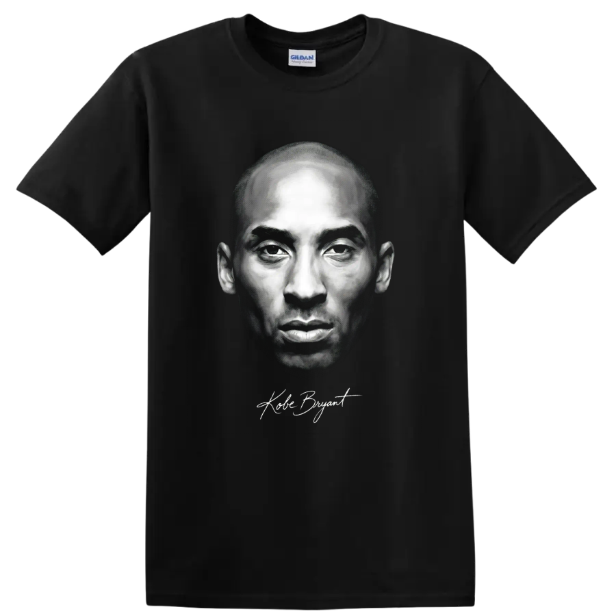 Kobe Bryant black-and-white portrait graphic with signature-style script on a Black T Shirt