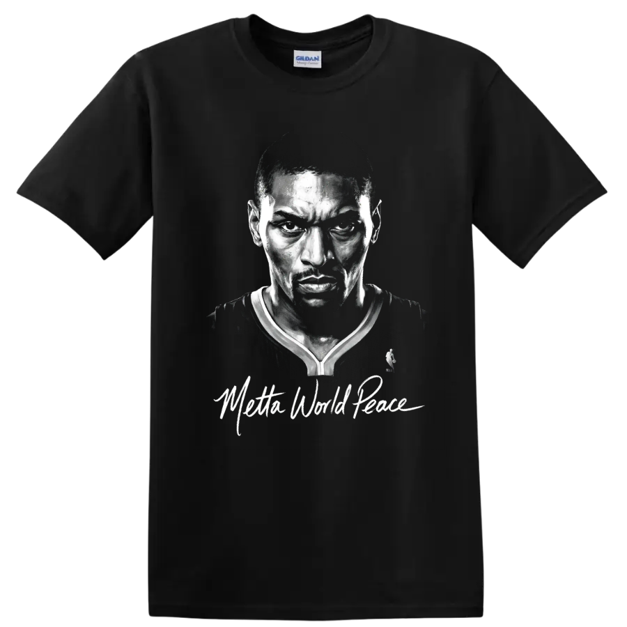Metta World Peace monochrome basketball portrait with signature-style script on a Black T Shirt