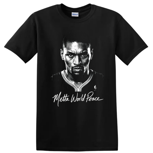 Metta World Peace monochrome basketball portrait with signature-style script on a Black T Shirt