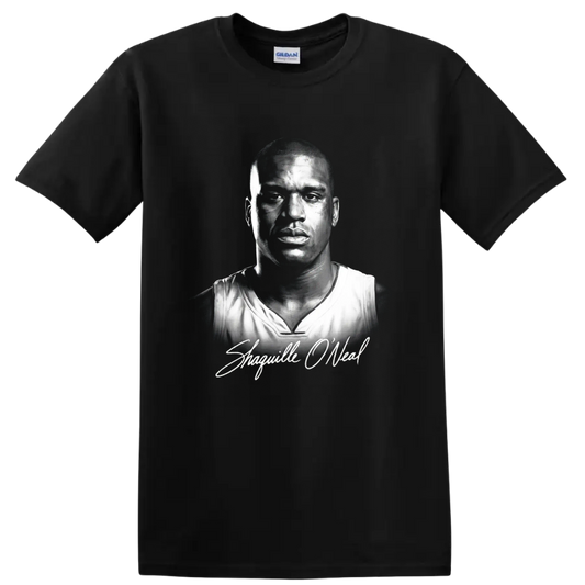 Monochrome Shaquille O'Neal basketball portrait with signature-style script on a Black T Shirt