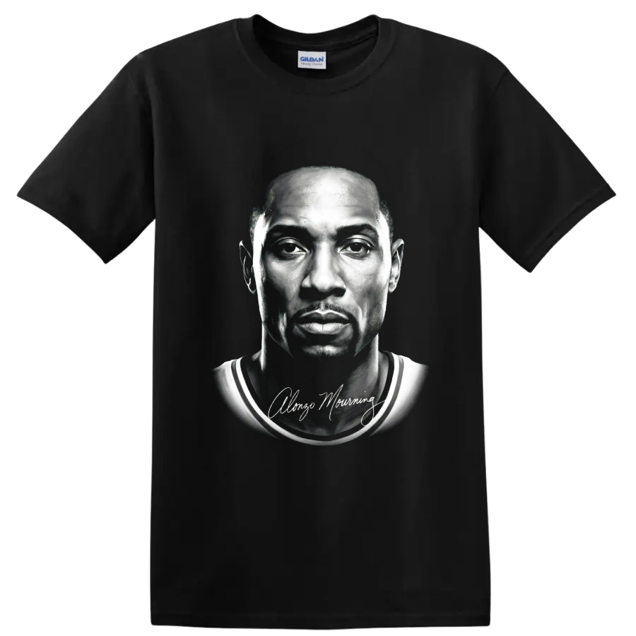 Monochrome Alonzo Mourning Miami Heat No. 33 basketball portrait with signature on a Black T Shirt