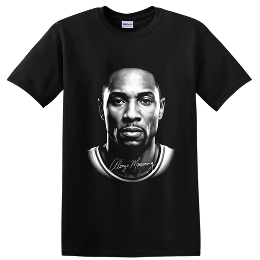 Monochrome Alonzo Mourning Miami Heat No. 33 basketball portrait with signature on a Black T Shirt