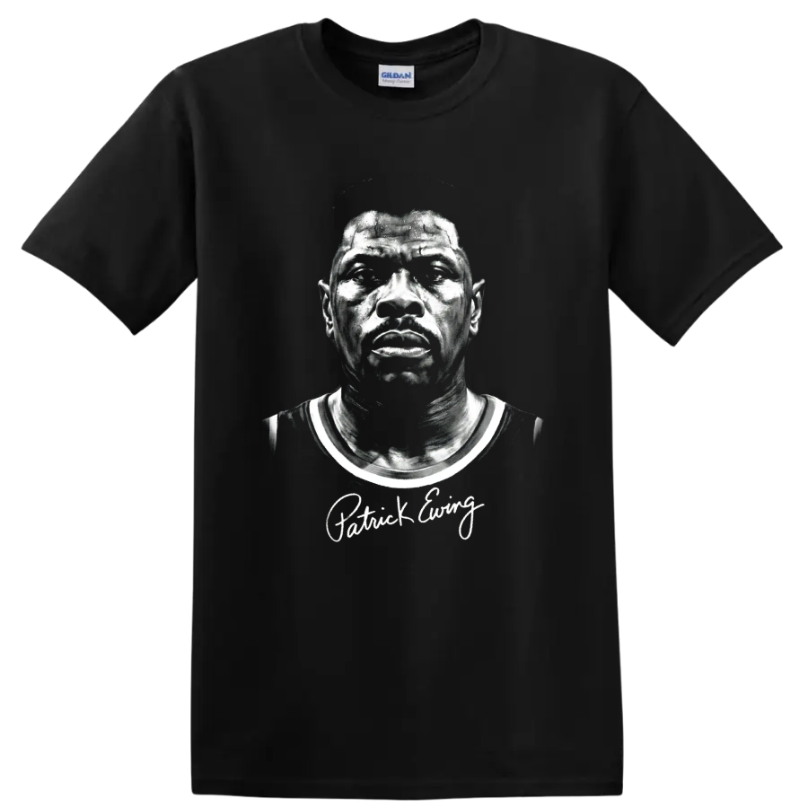Monochrome Patrick Ewing basketball portrait with distressed vintage sports styling on a Black T Shirt