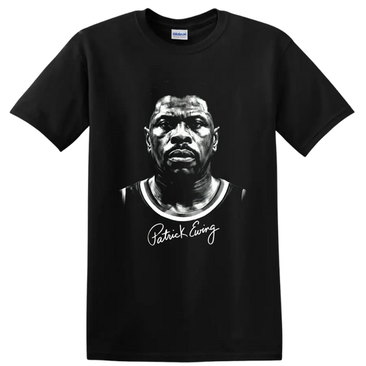 Monochrome Patrick Ewing basketball portrait with distressed vintage sports styling on a Black T Shirt
