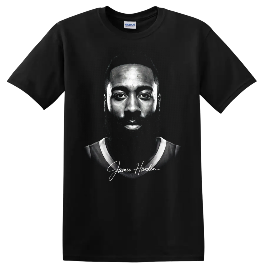 James Harden monochrome basketball portrait with script signature on a Black T Shirt