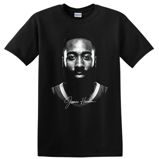 James Harden monochrome basketball portrait with script signature on a Black T Shirt